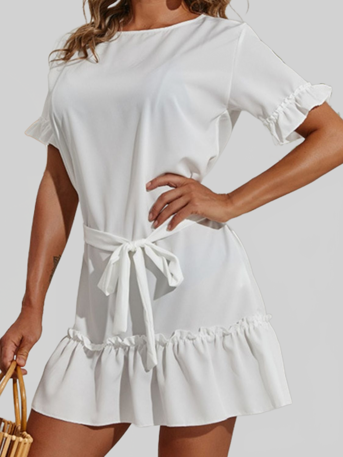 Women Tied Frill Short Sleeve Mini Dress NicholesGifts