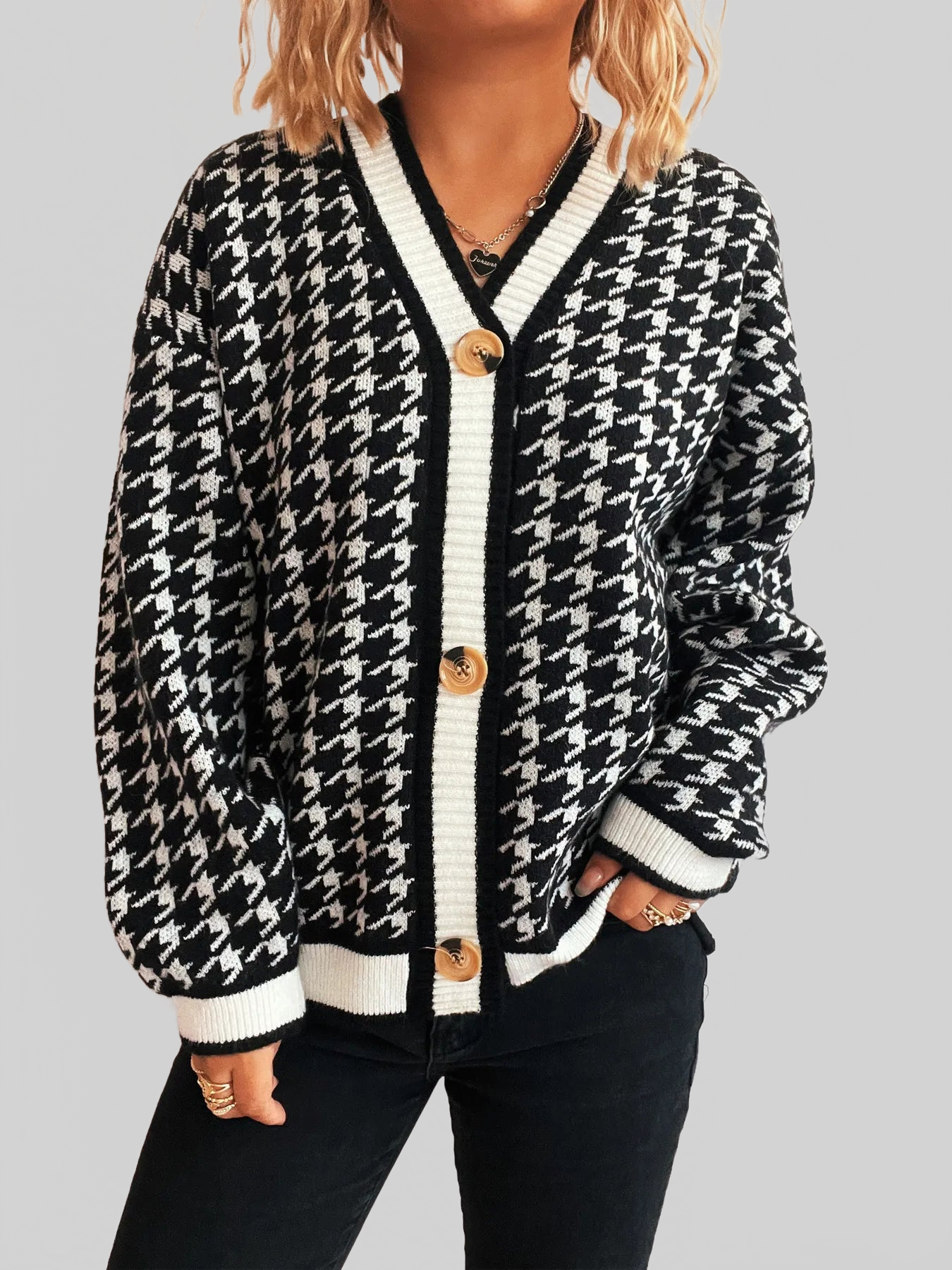 Women Houndstooth Pattern V-Neck Button-Up Cardigan Sweater NicholesGifts