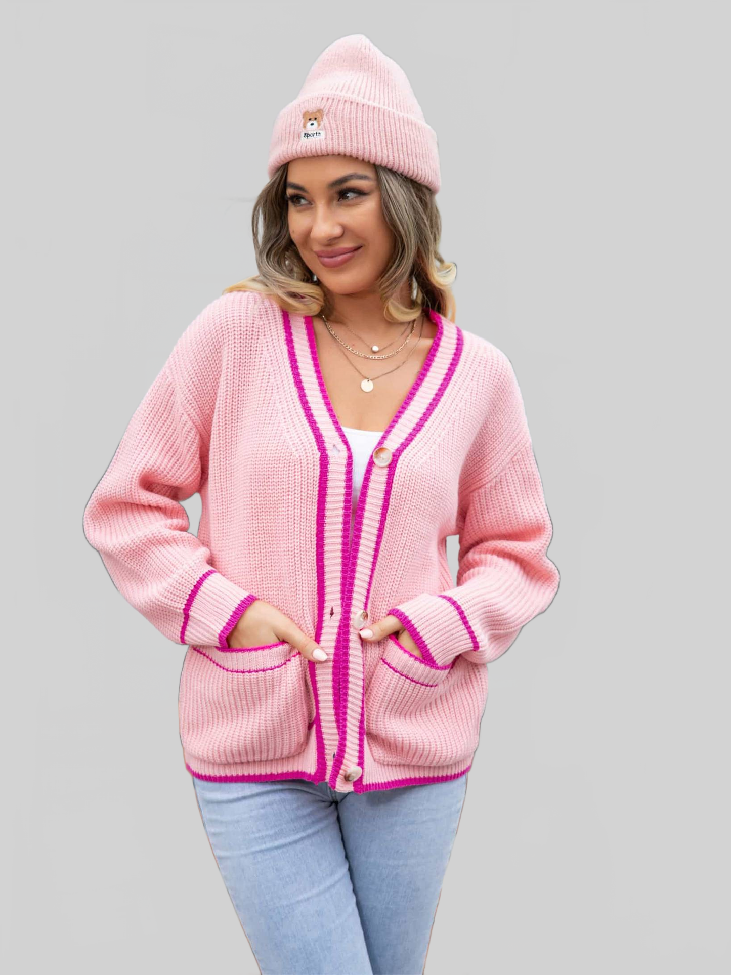 Angel Wings Waffle Knit V-Neck Cardigan with Pocket nicholesgifts