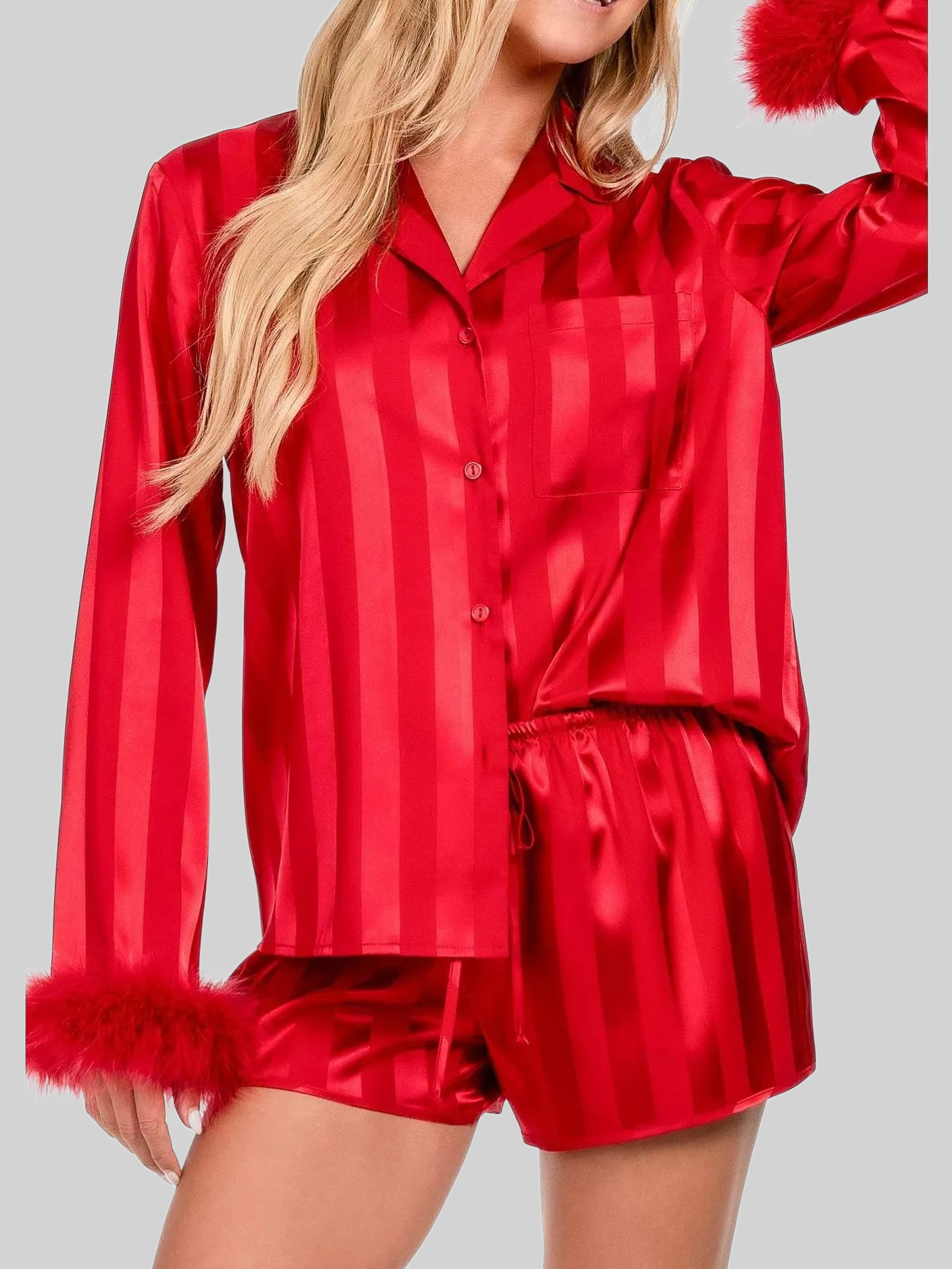 Striped Feather Trim Shirt and Shorts Lounge Set nicholesgifts