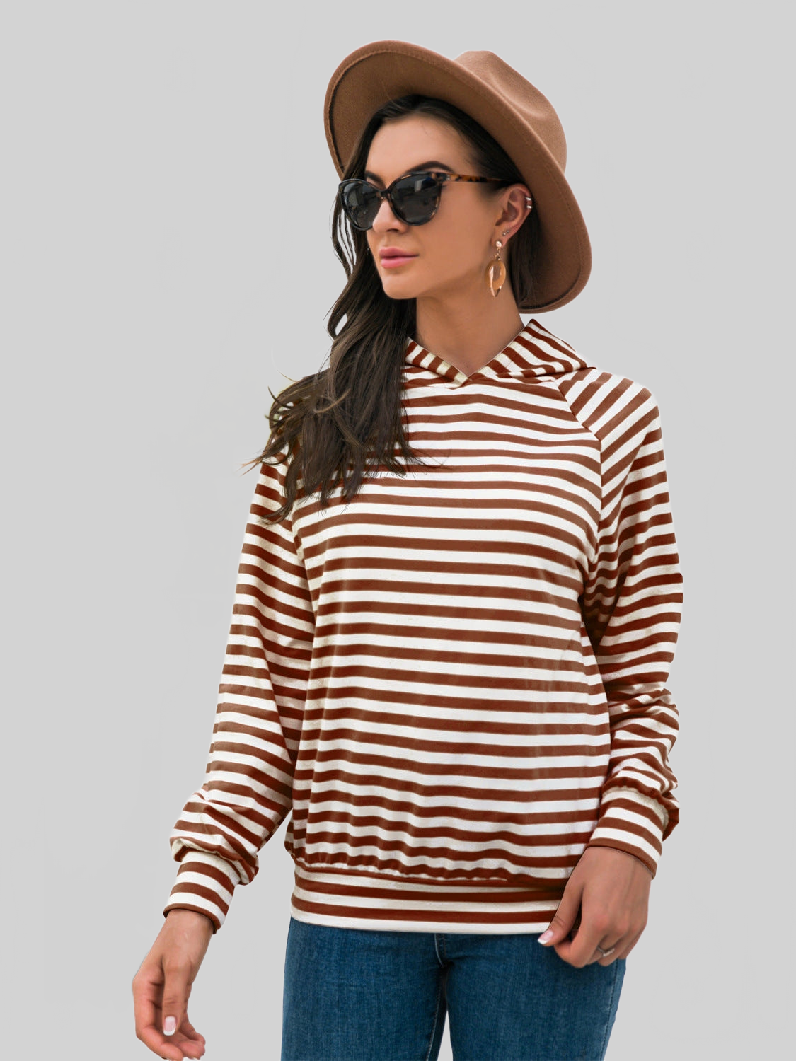 Women Horizontal Stripe Raglan Sleeve Hoodie NicholesGifts