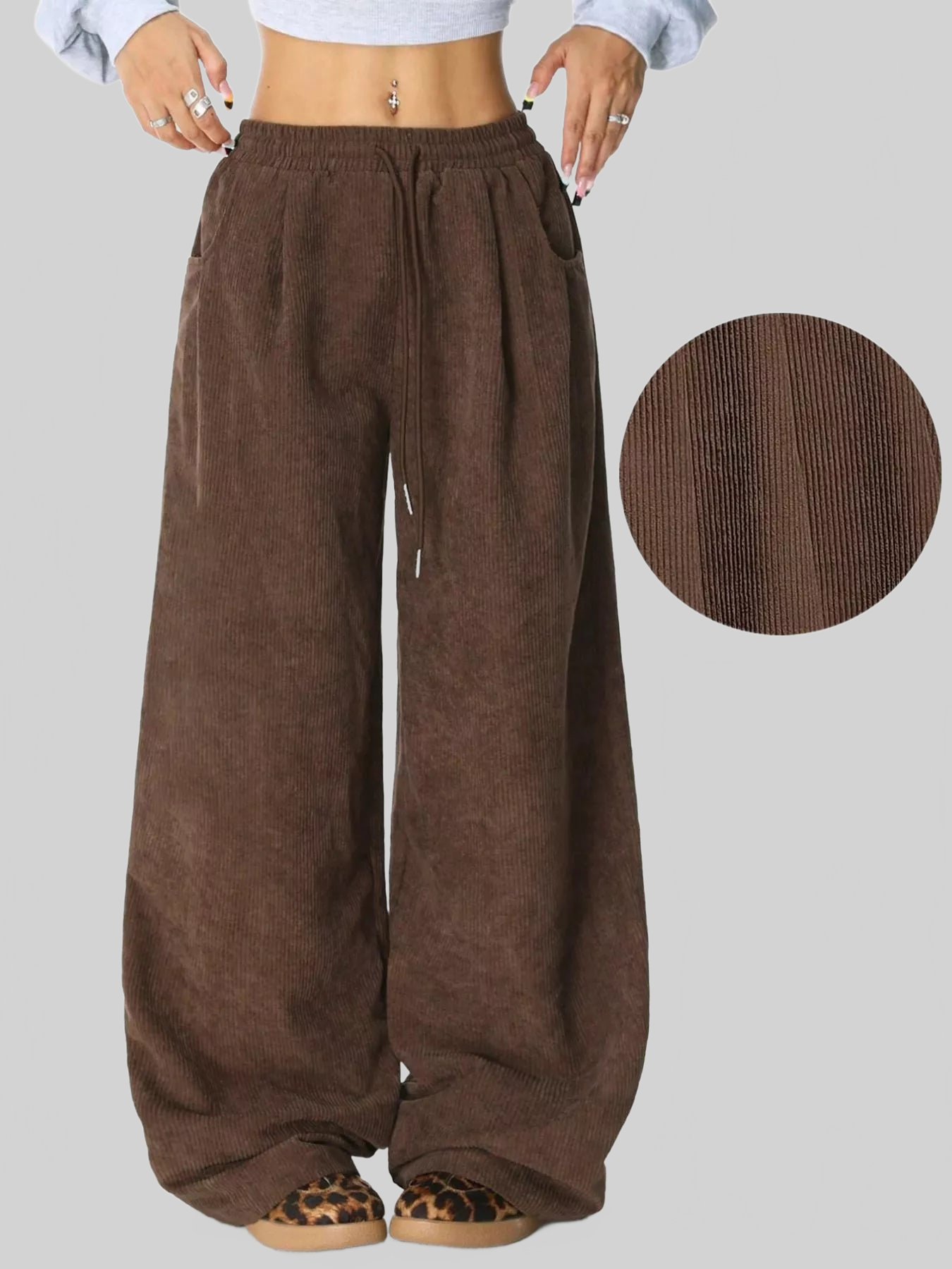 Women Wide Leg Corduroy Drawstring Pants nicholesgifts