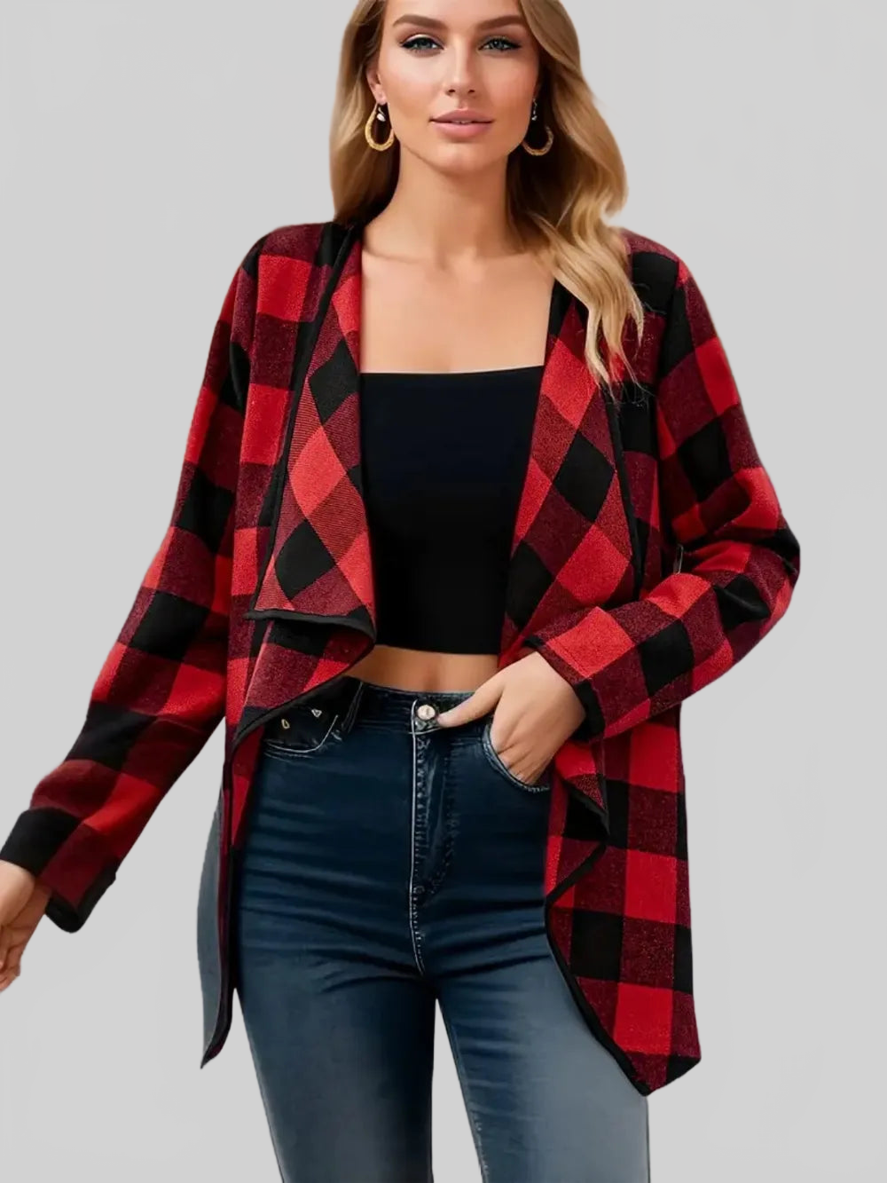 Plaid Open Front Long Sleeve Jacket nicholesgifts