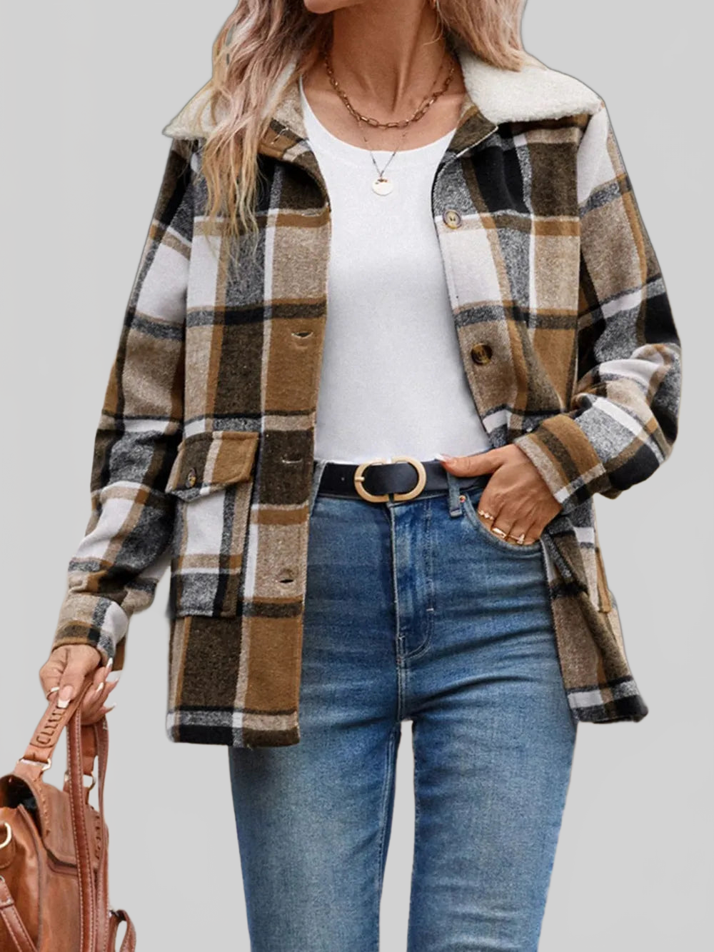 Perfee Pocketed Plaid Button Up Collared Neck Jacket nicholesgifts
