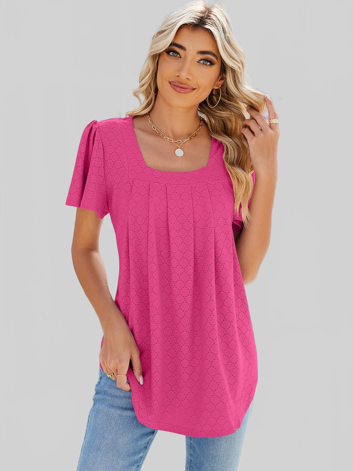 Women Eyelet Square Neck Flutter Sleeve Blouse nicholesgifts