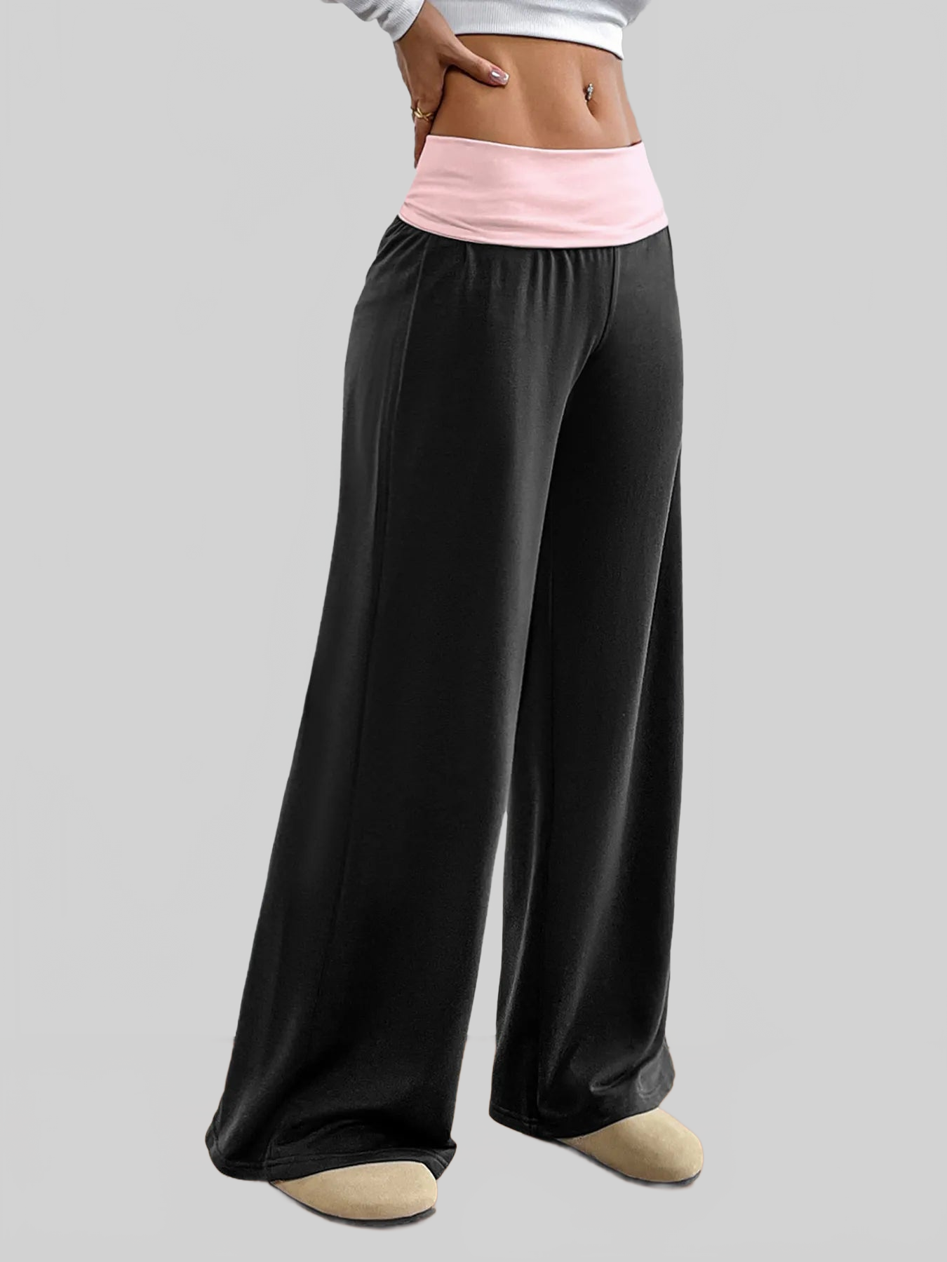 Women Contrast Waistband Wide Leg Pants nicholesgifts