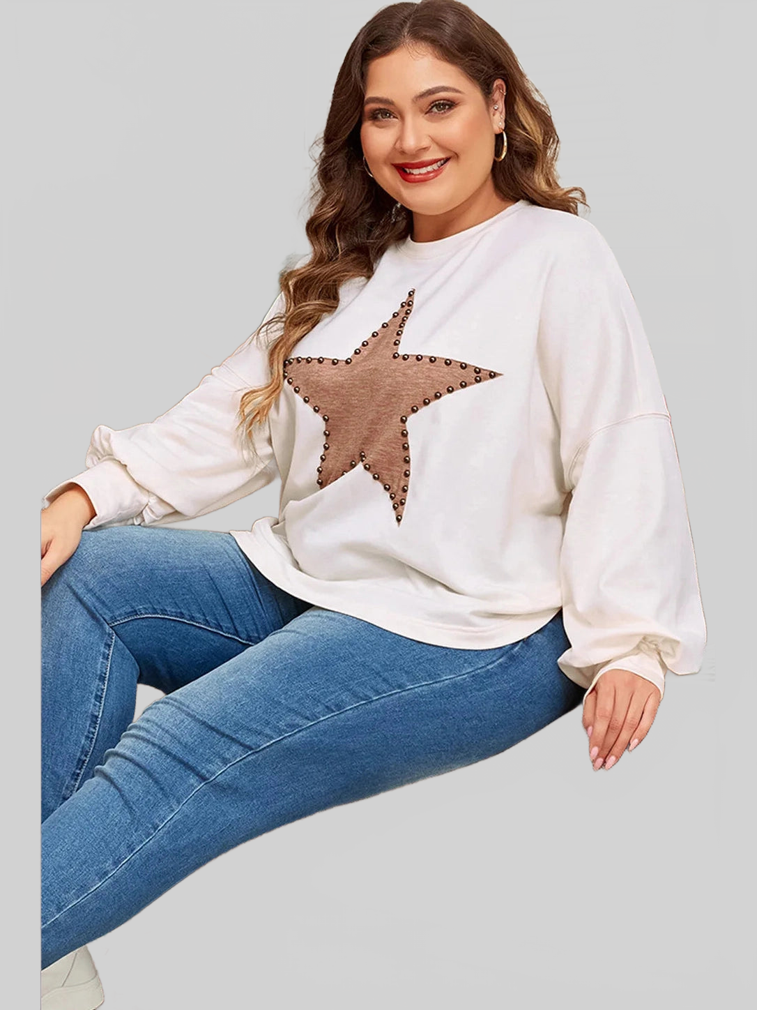 Women Plus Size Studded Star Round Neck Long Sleeve Blouse nicholesgifts