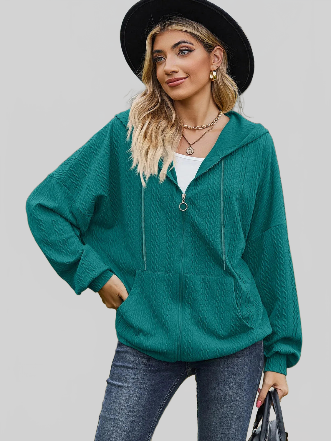 Drawstring Zip Up Dropped Shoulder Hoodie nicholesgifts