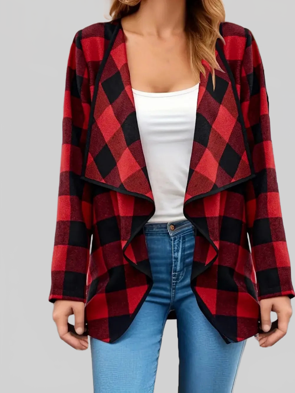 Plaid Open Front Long Sleeve Jacket nicholesgifts
