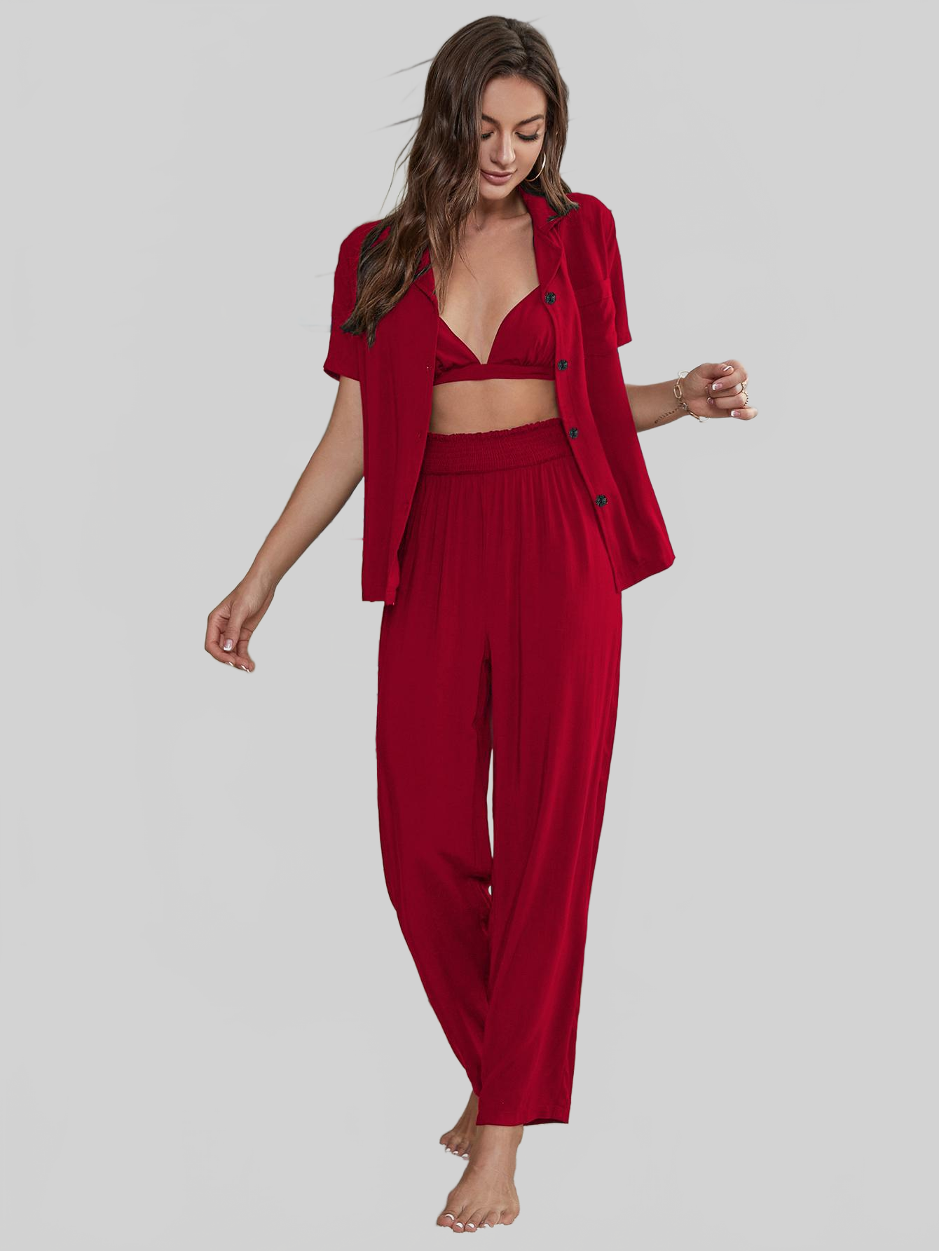 Short Sleeve Shirt, Bralette, and Pants Lounge Set nicholesgifts