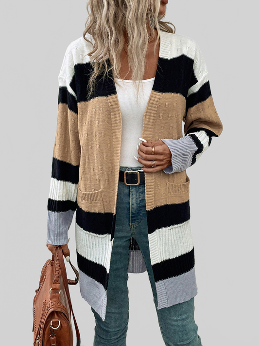 Perfee Color Block Open Front Drop Shoulder Cardigan nicholesgifts