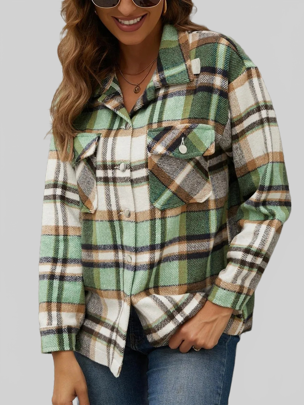 Plaid Collared Neck Long Sleeve Jacket nicholesgifts