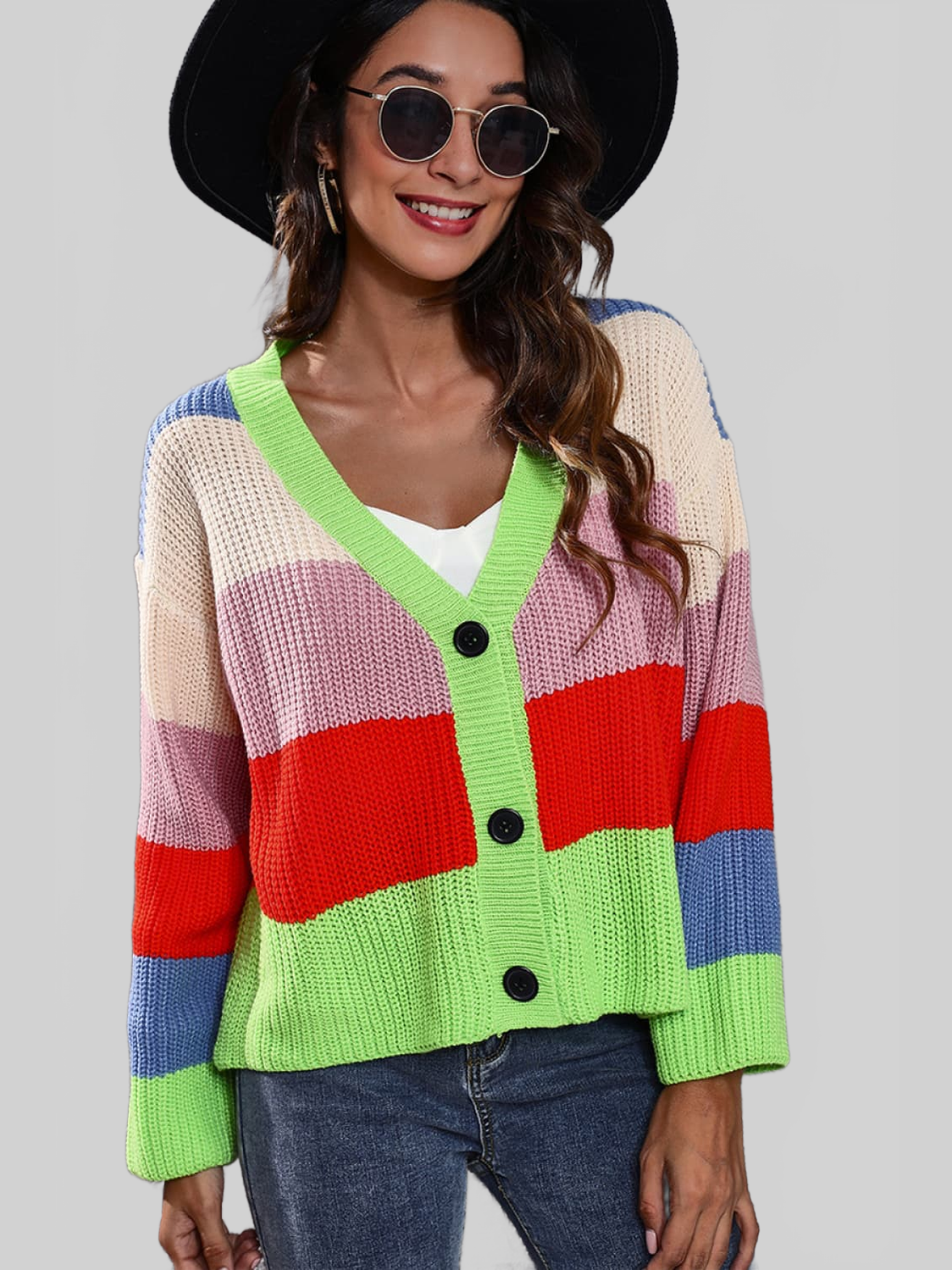 Color Block Button-Down Dropped Shoulder Cardigan nicholesgifts