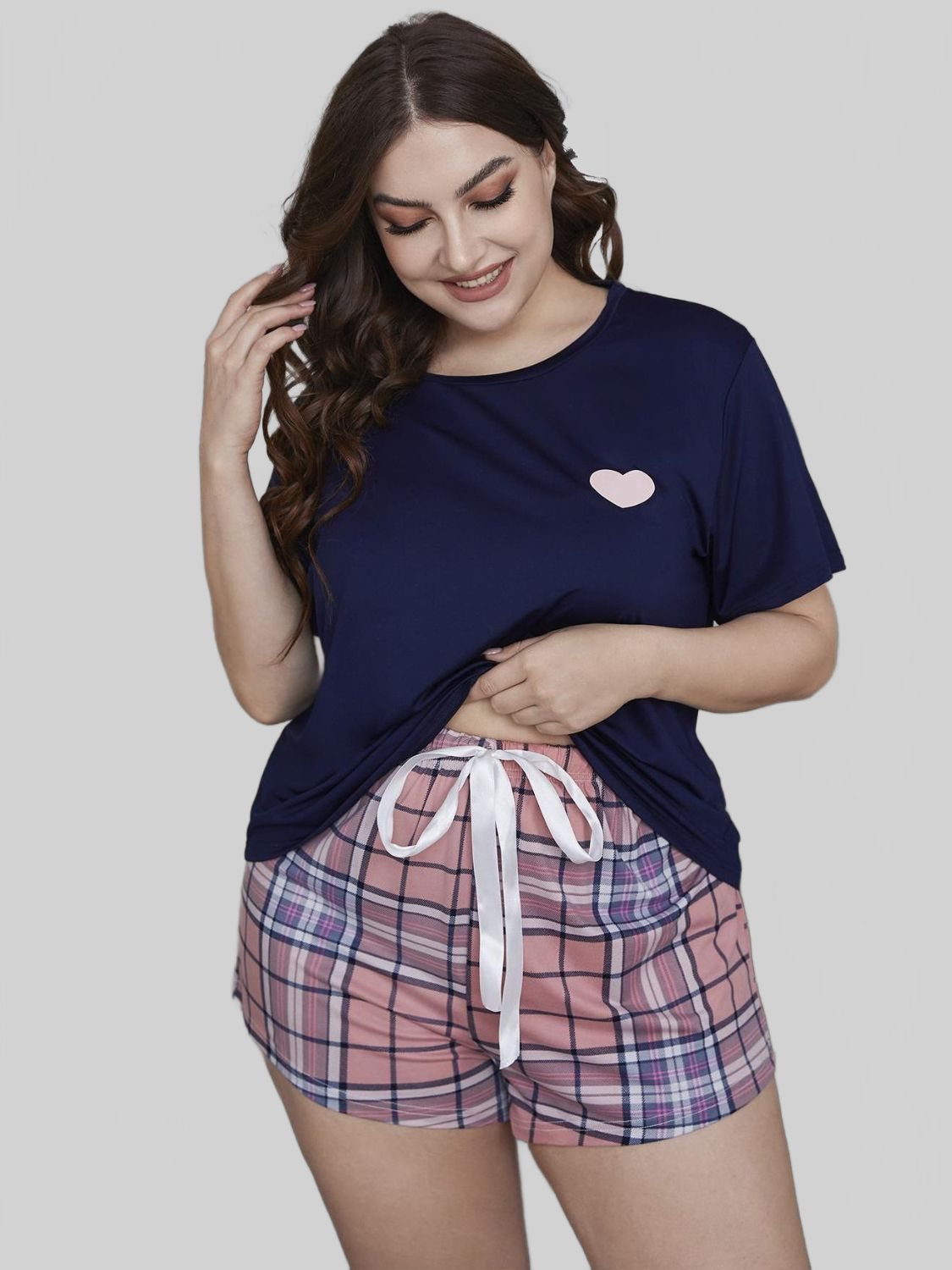 Plus Size Heart Graphic Top and Plaid Shorts Loungewear Set nicholesgifts