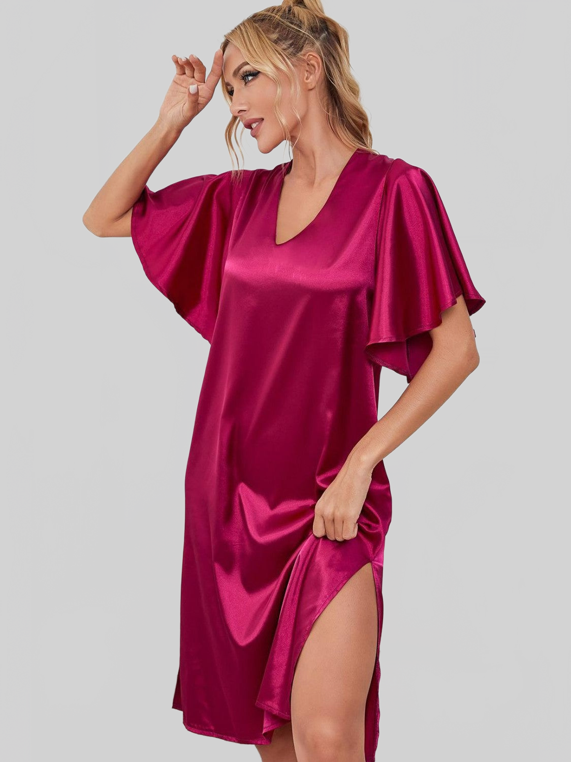 Satin Flutter Sleeve Side Slit V-Neck Night Dress nicholesgifts