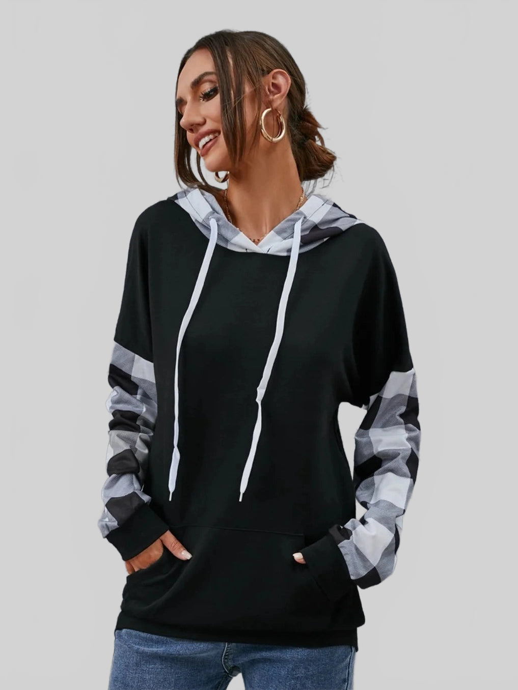 Plaid Drawstring Dropped Shoulder Hoodie NicholesGifts