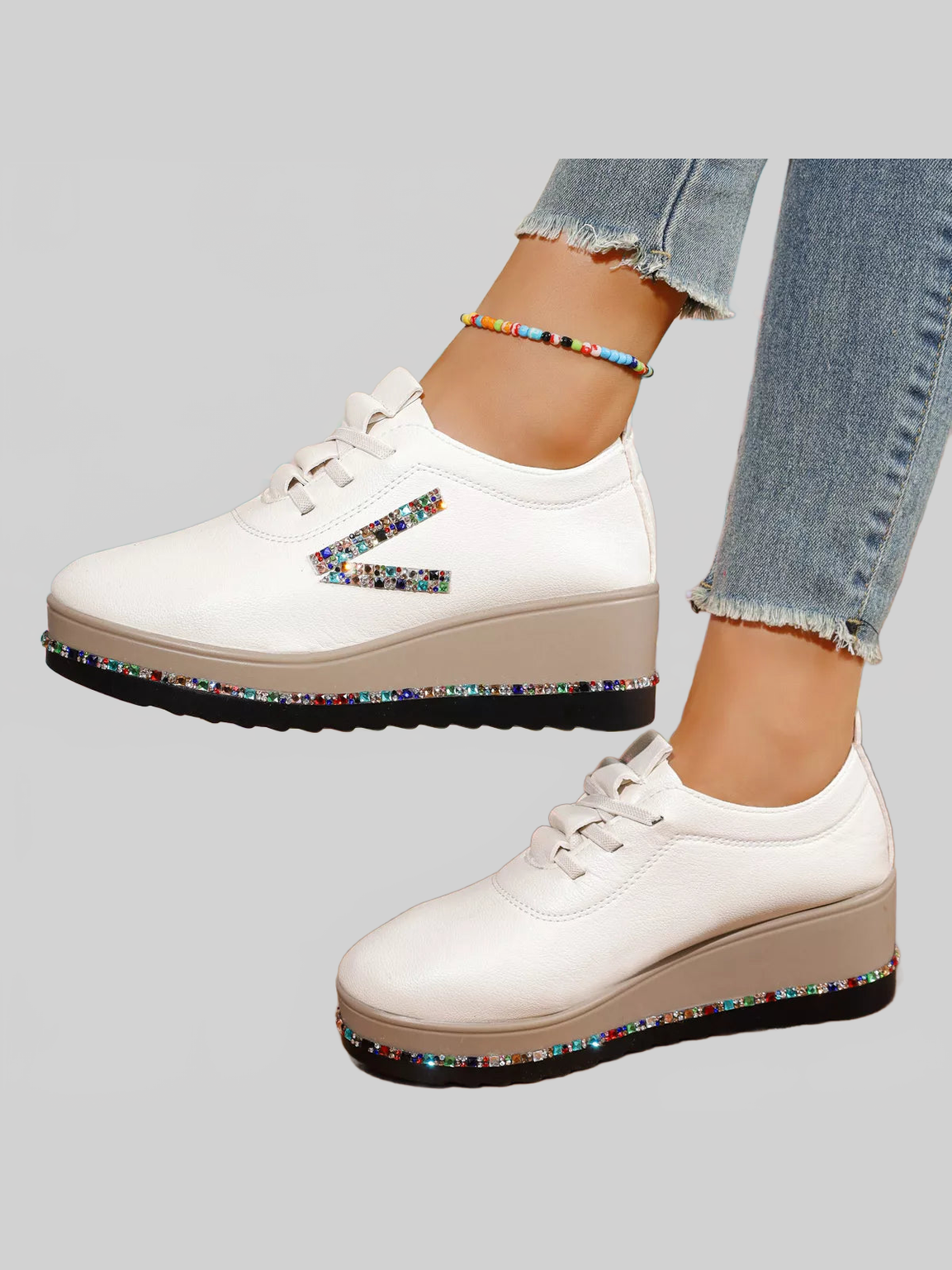 Women Rhinestone Round Toe Wedge Sneakers nicholesgifts