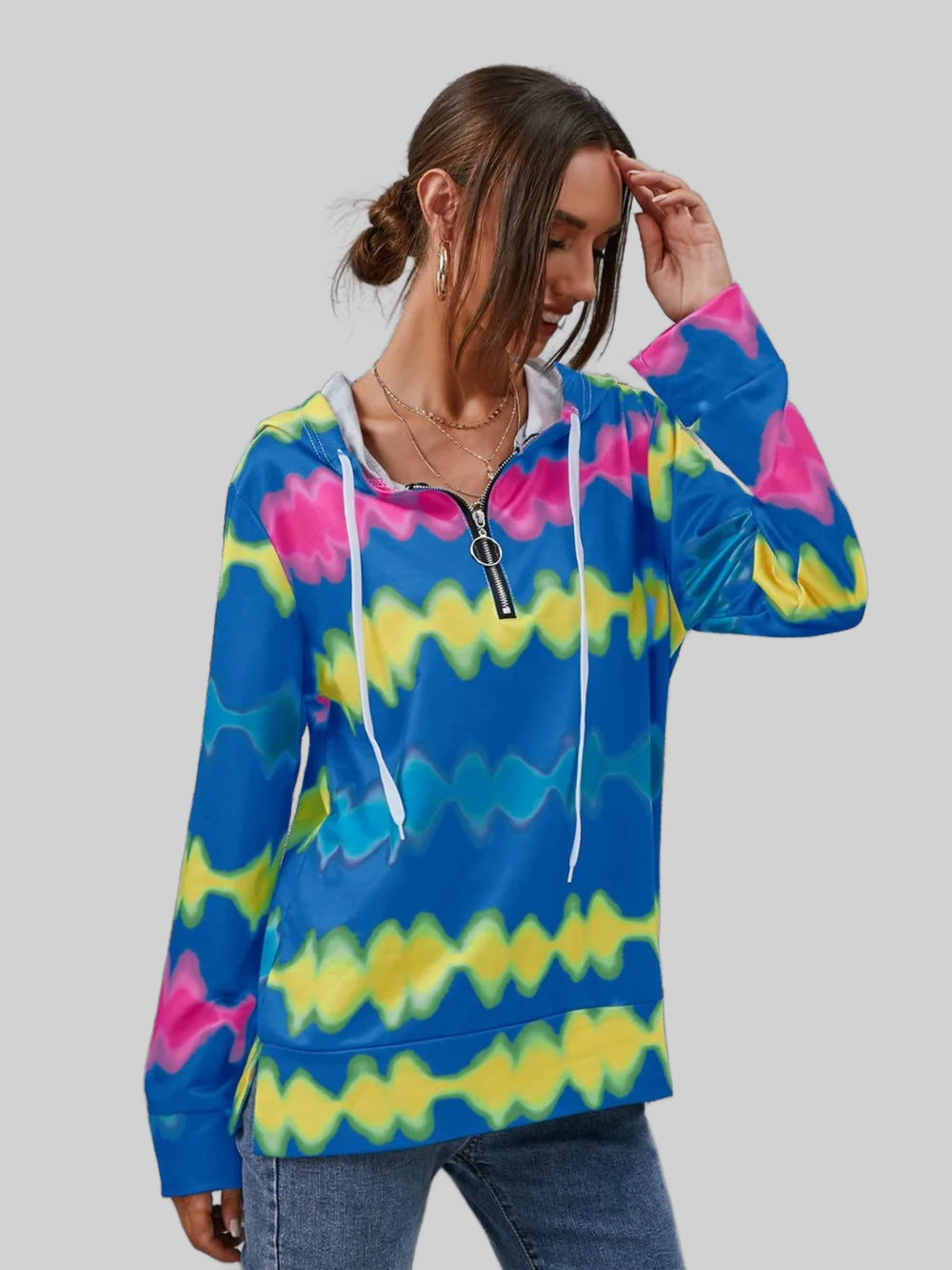 Contrast Quarter Zip Dropped Shoulder Hoodie NicholesGifts