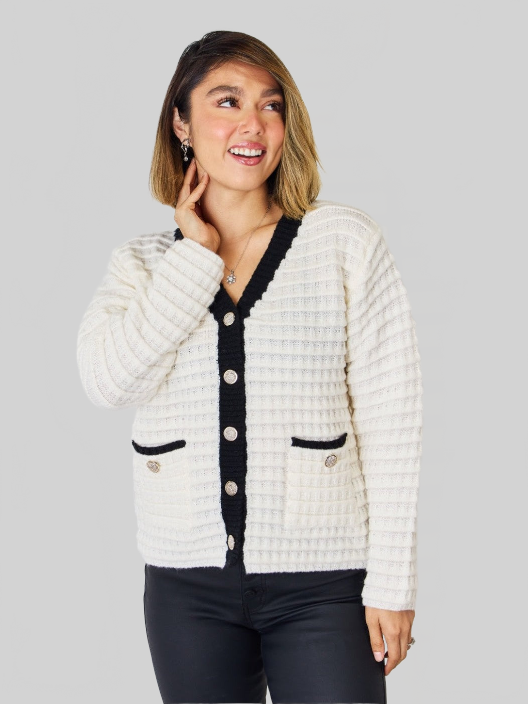 Women Contrast Trim Button Up Cardigan NicholesGifts