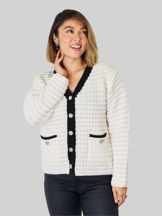 Women Contrast Trim Button Up Cardigan NicholesGifts