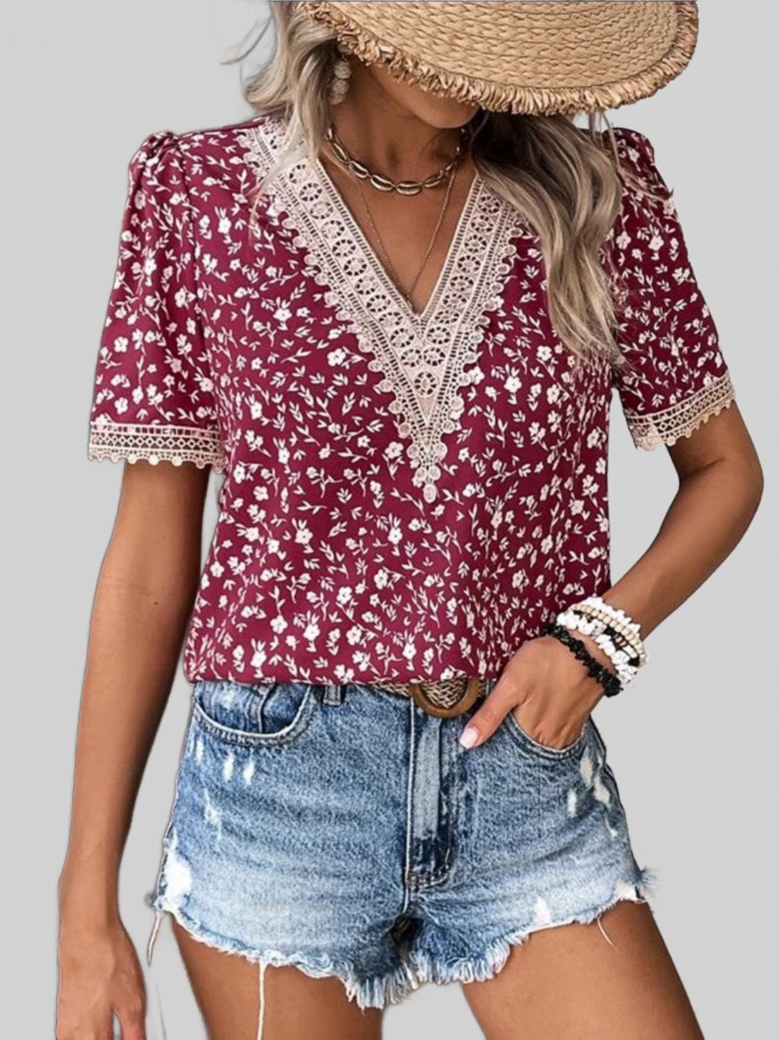 Women Full Size Printed V-Neck Short Sleeve Blouse NicholesGifts