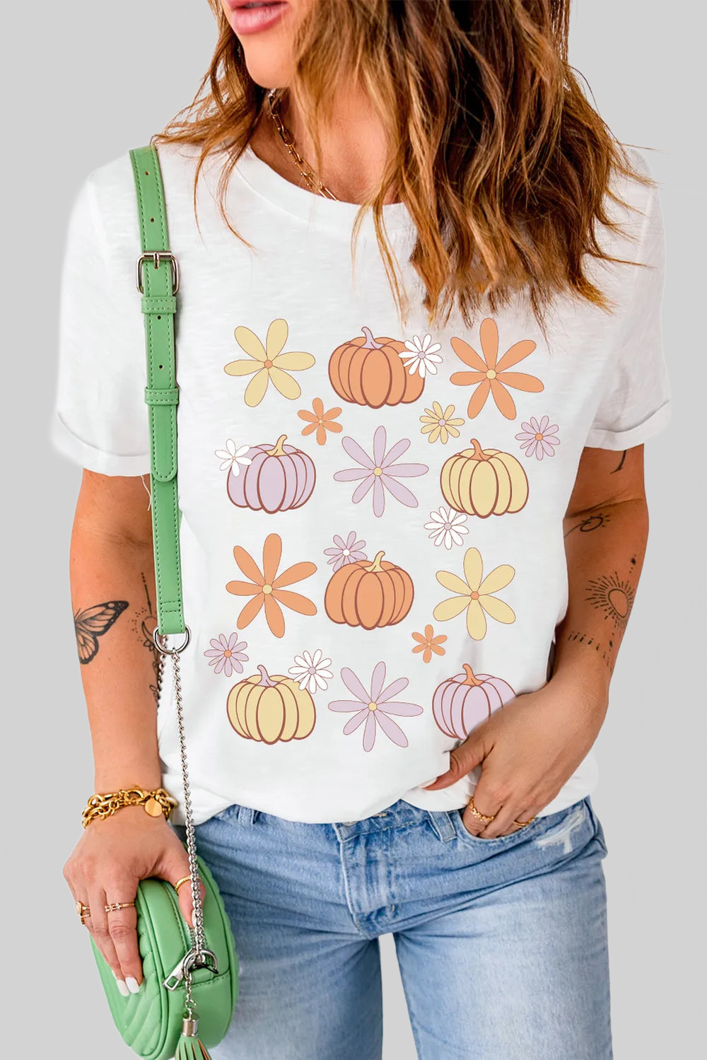 Pumpkin & Flower Round Neck Short Sleeve T-Shirt nicholesgifts