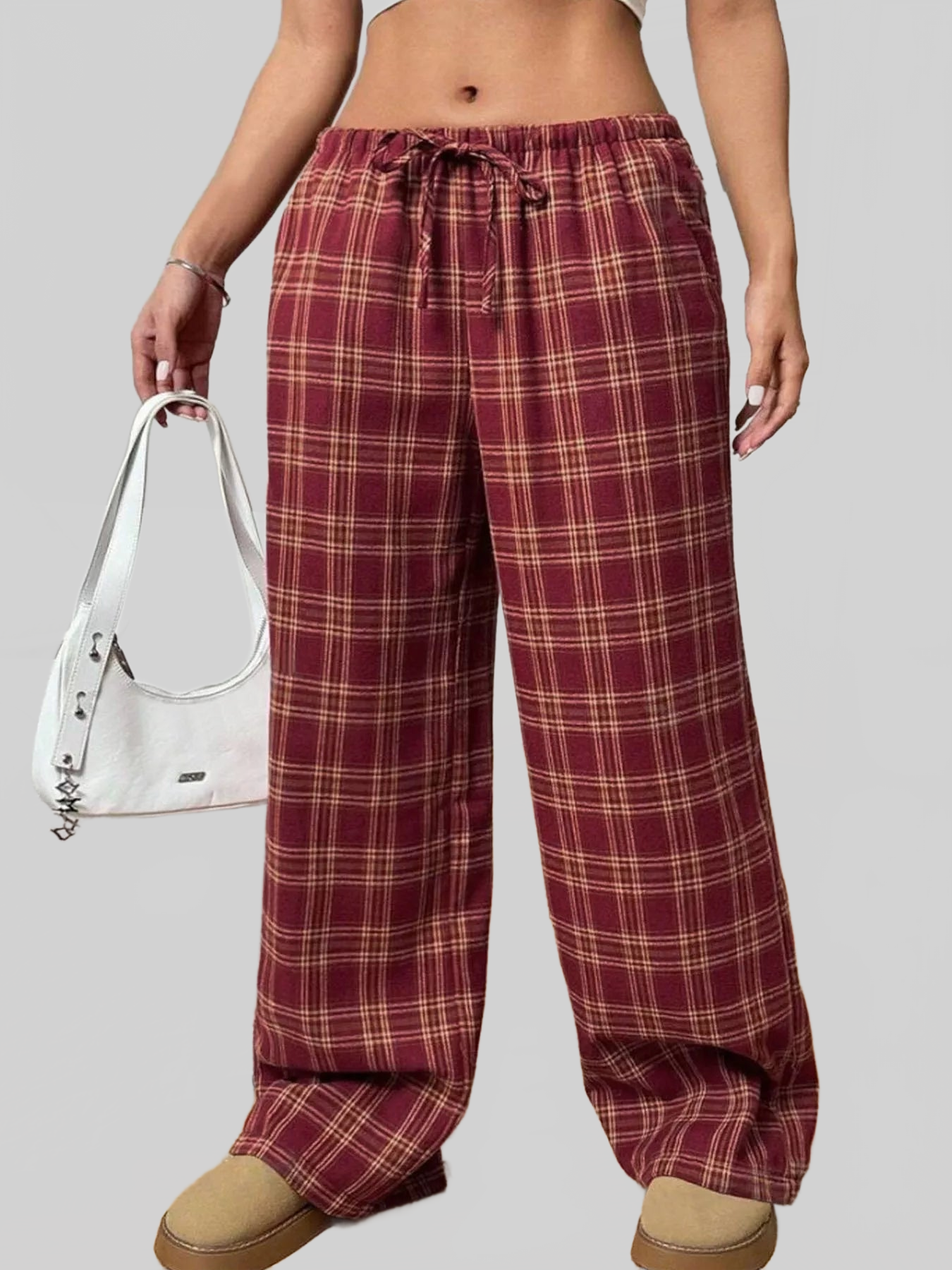 Women Plaid Drawstring Wide Leg Pants nicholesgifts