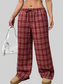 Women Plaid Drawstring Wide Leg Pants nicholesgifts