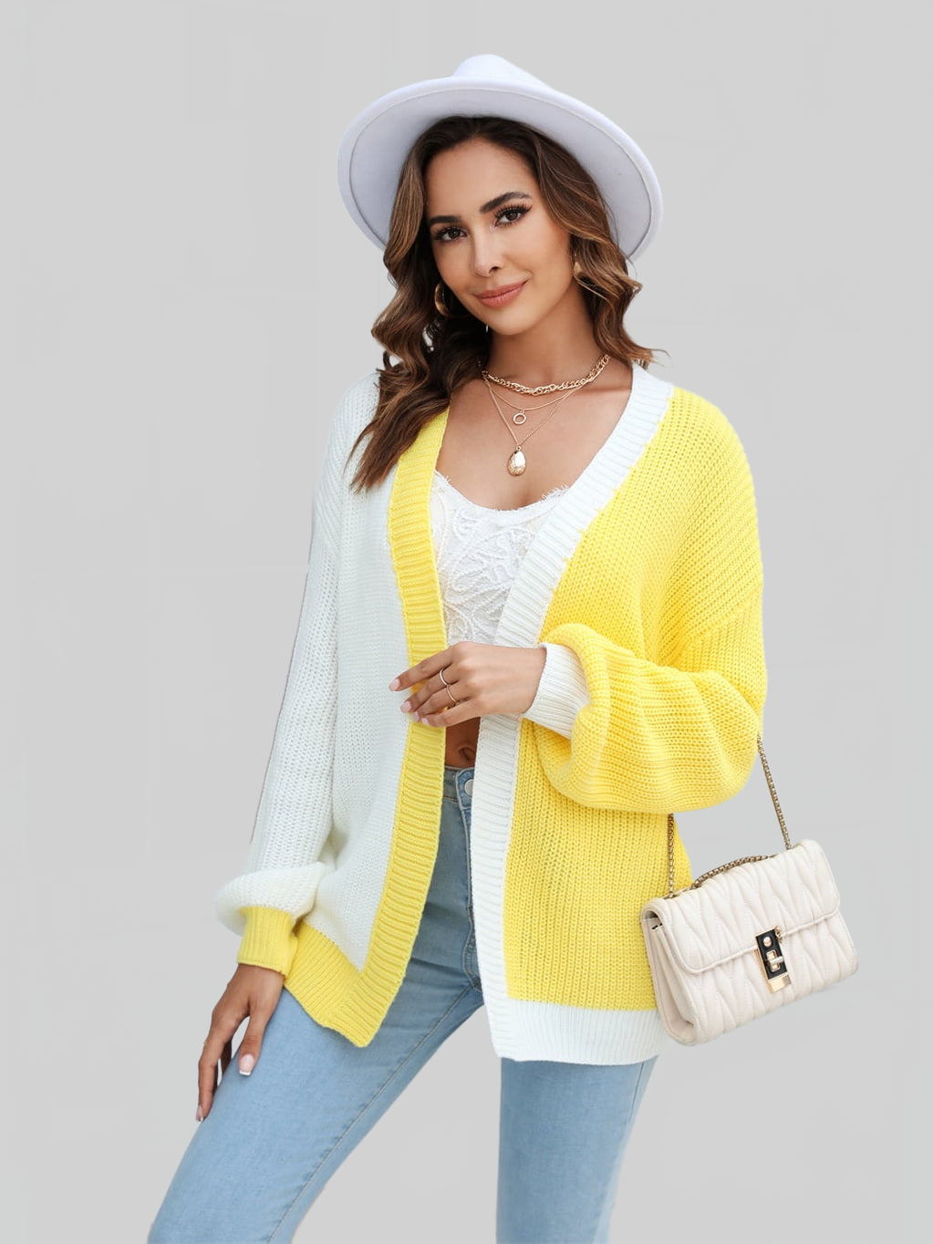 Angel Wings Open Front Contrast Color Balloon Sleeve Cardigan nicholesgifts