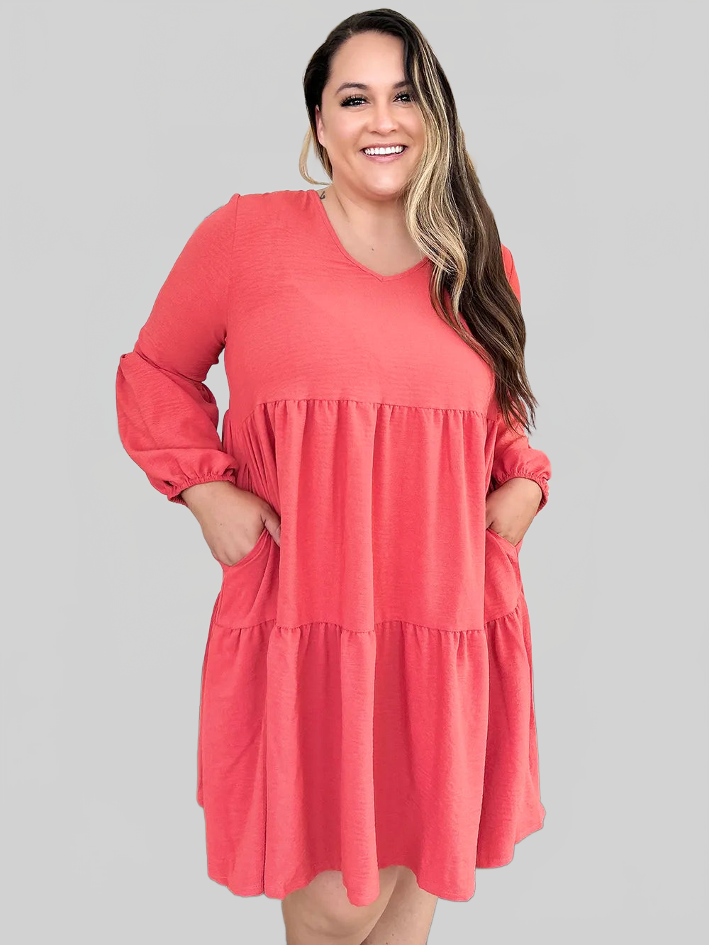 Double Take Full Size V-Neck Balloon Sleeve Tiered Dress with Pockets nicholesgifts