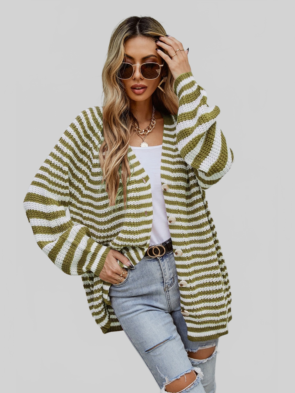 Women Striped Button Up Long Sleeve Cardigan NicholesGifts