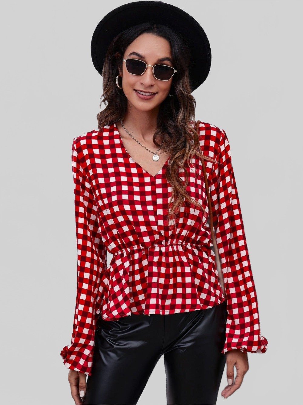 Women Plaid V-Neck Balloon Sleeve Peplum Blouse NicholesGifts