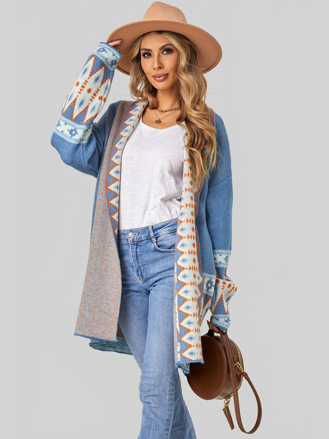 Women Geometric Open Front Long Sleeve Cardigan Sweater nicholesgifts