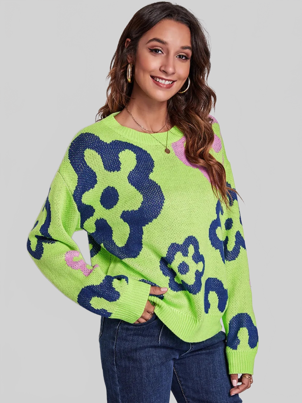 Flower Pattern Round Neck Long Sleeve Sweater nicholesgifts