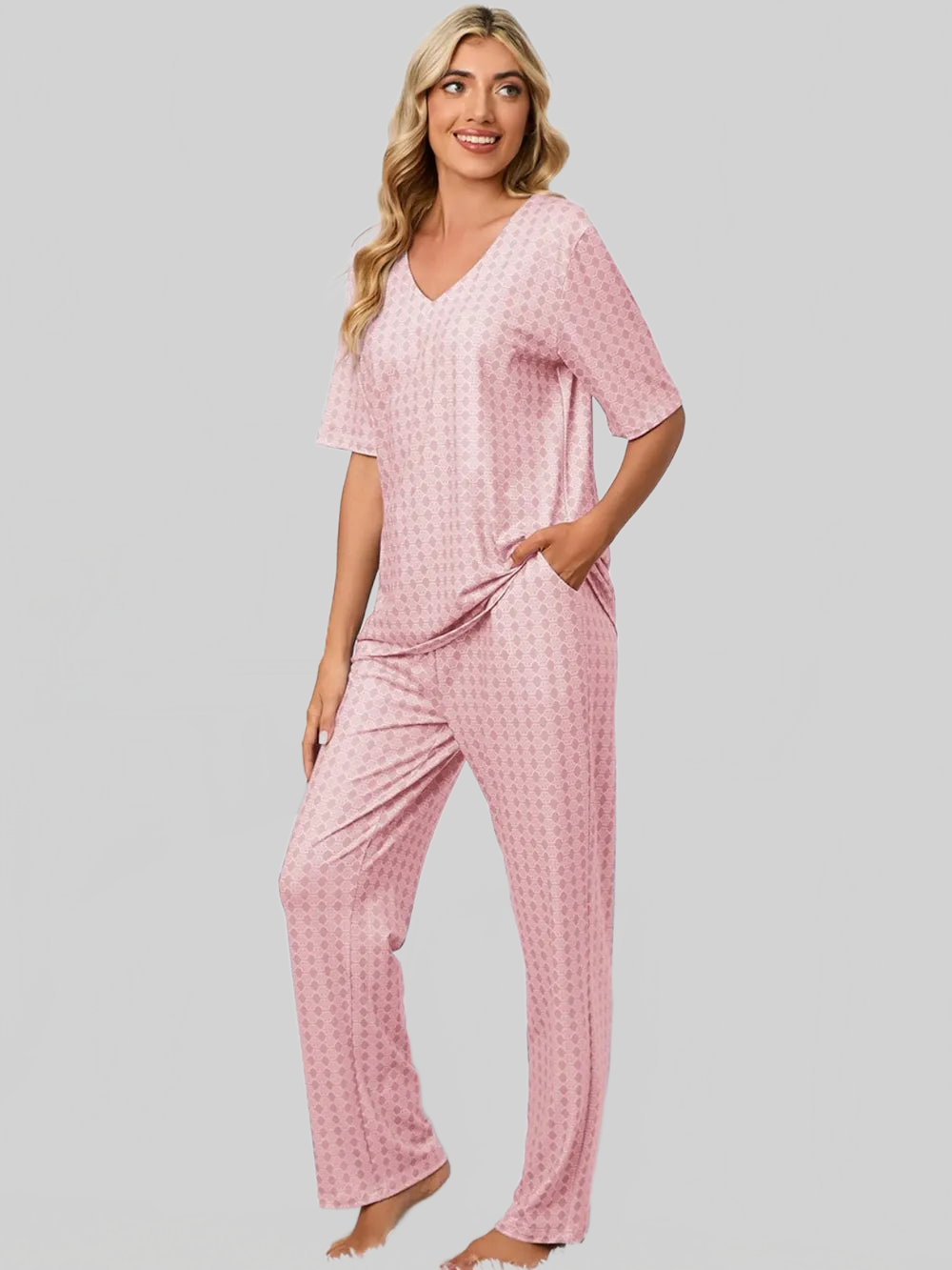 Printed V-Neck Top and Pants Lounge Set nicholesgifts