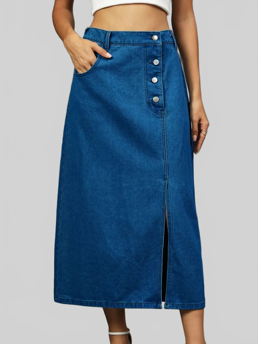 Slit Button Detail Denim Midi Skirt nicholesgifts