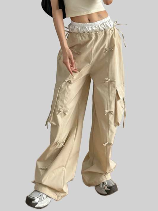 Women Bow Elastic Waist Cargo Pants nicholesgifts