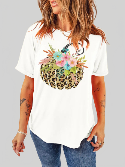 Pumpkin Graphic Round Neck Short Sleeve T-Shirt nicholesgifts