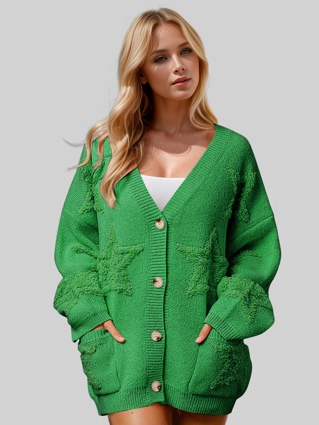 Women Double Take Full Size Button Up Star Pattern Cardigan Sweate nicholesgifts