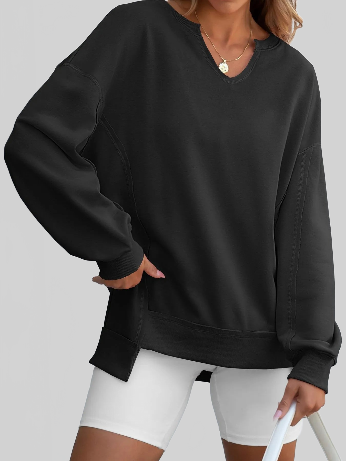 Women Notched Long Sleeve Oversized Sweatshirt nicholesgifts