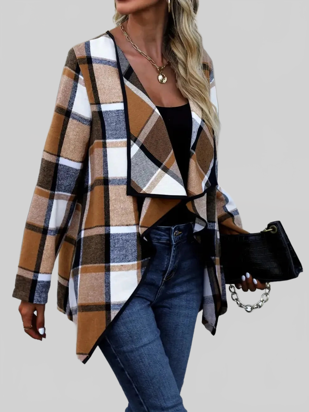 Plaid Open Front Long Sleeve Jacket nicholesgifts