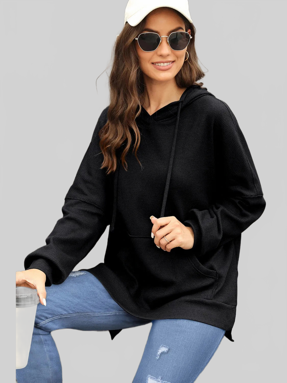 Waffle-Knit Long Sleeve Hoodie nicholesgifts