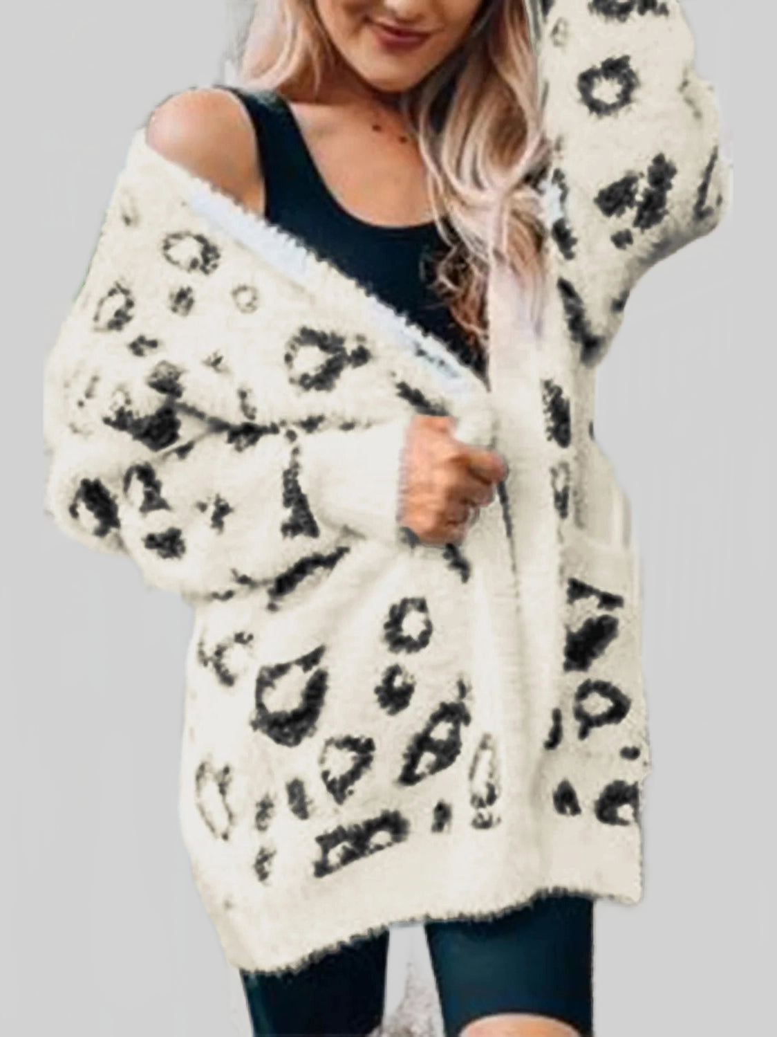 Women Leopard Open Front Cardigan with Pockets nicholesgifts
