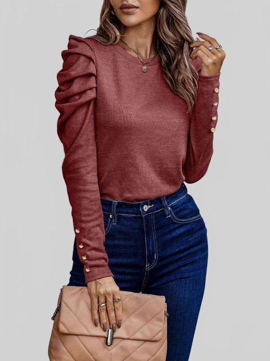 Women Decorative Button Puff Sleeve T-Shirt NicholesGifts