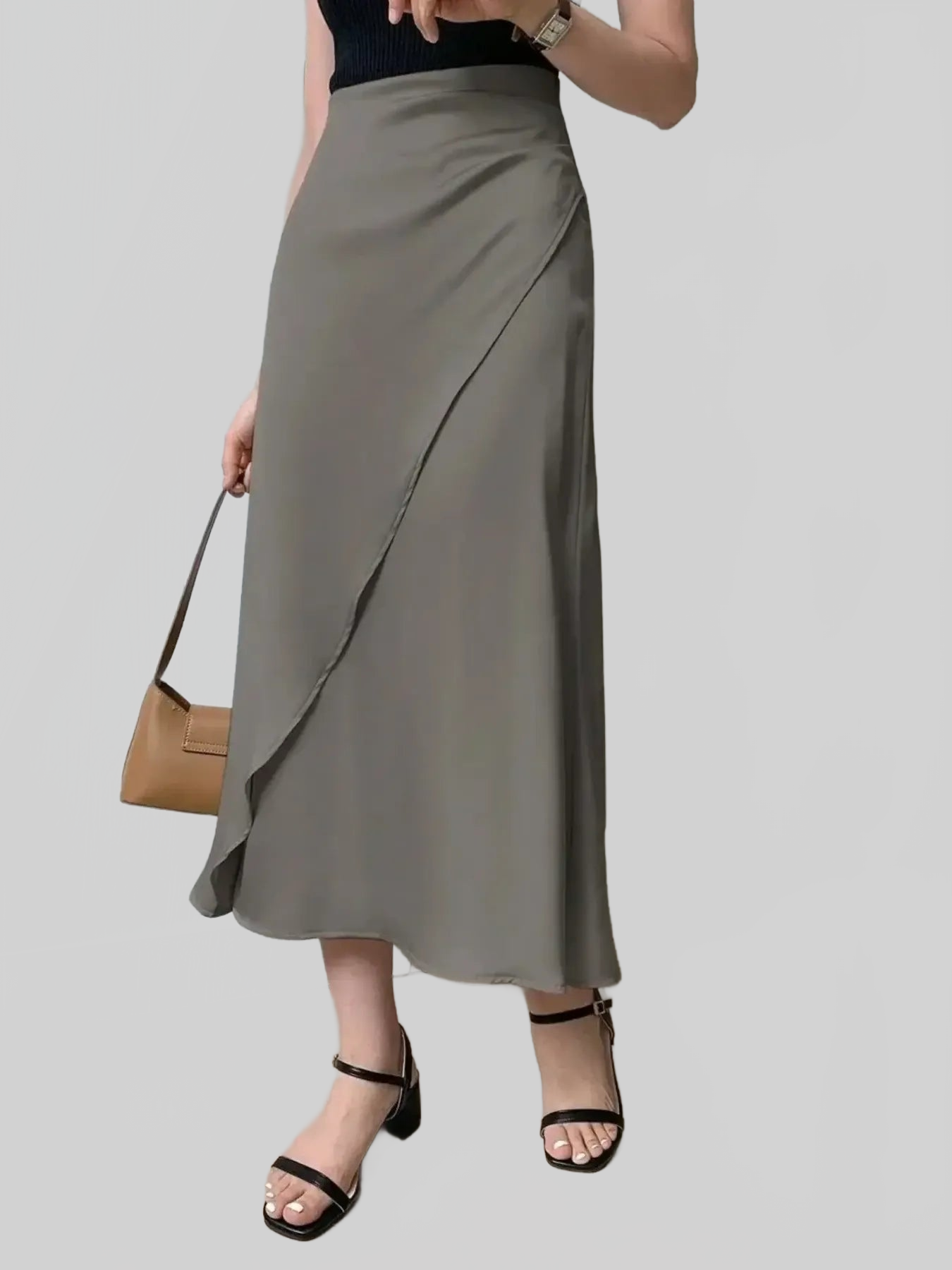 Asymmetric Wrap Midi Skirt with Fluted Hem nicholesgifts