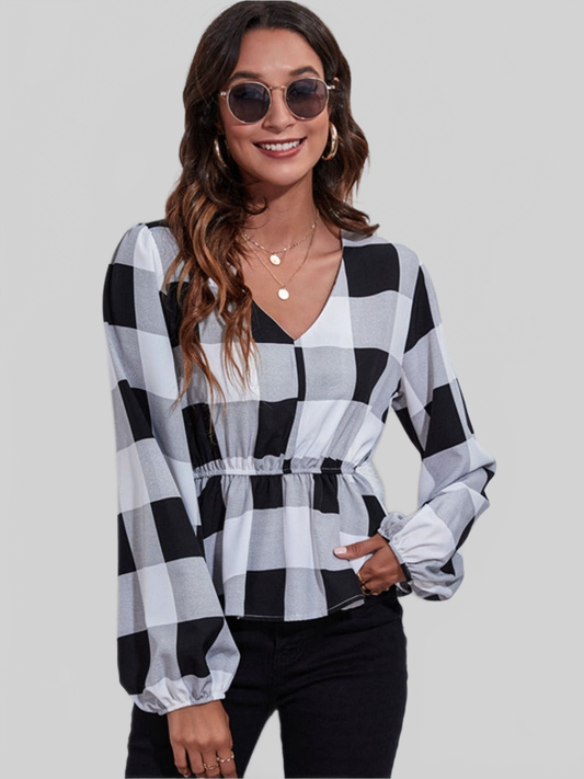 Women Ruched Printed V-Neck Long Sleeve Blouse NicholesGifts