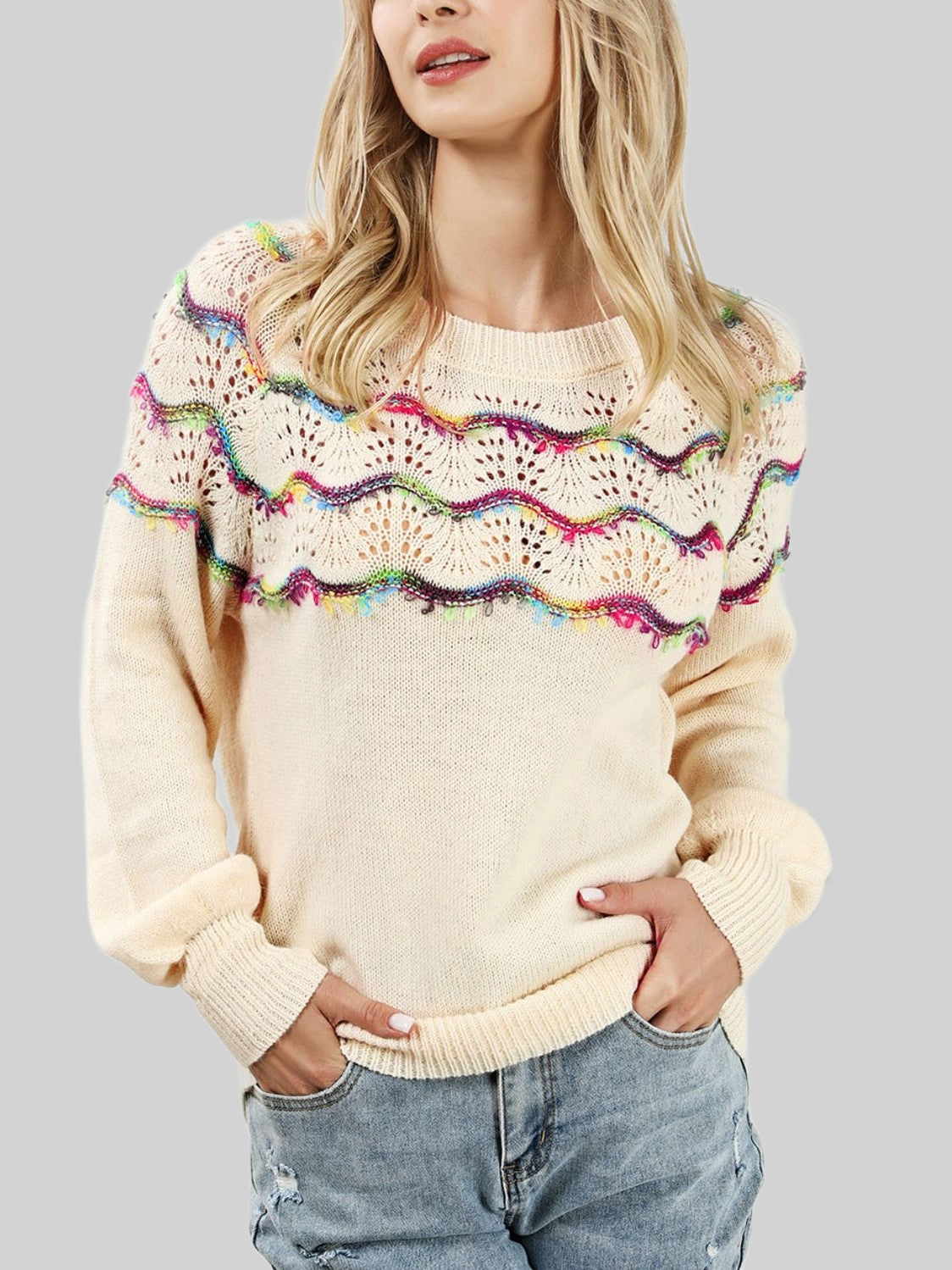 Women Openwork Wavy Striped Round Neck Sweater nicholesgifts