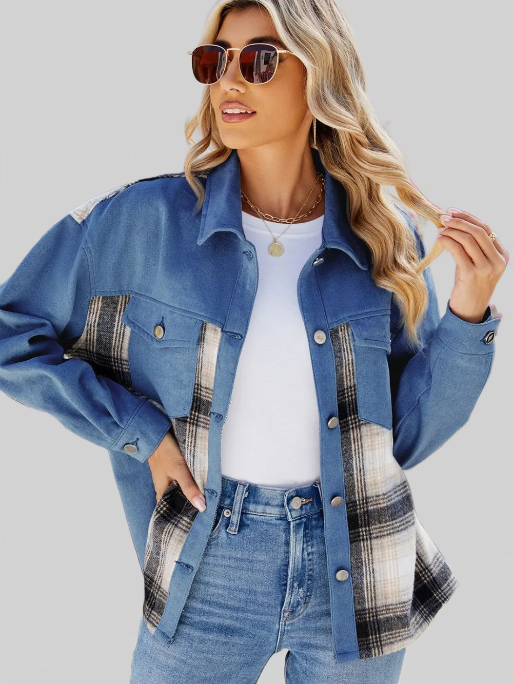 Plaid Button Up Long Sleeve Denim Jacket nicholesgifts