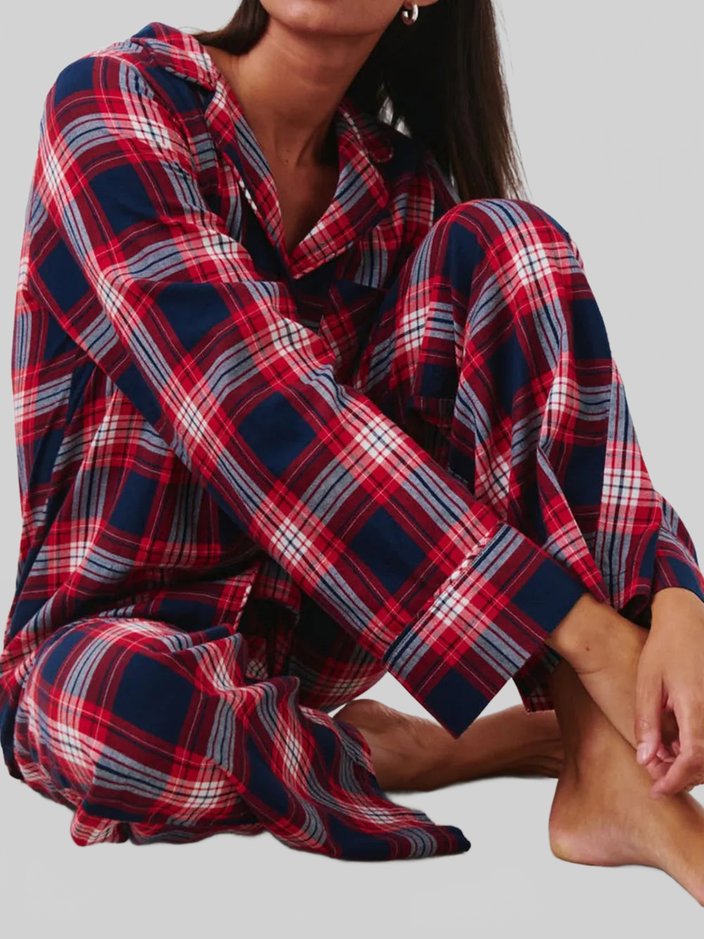 Plaid Collared Neck Button Up Top and Pants Lounge Set nicholesgifts