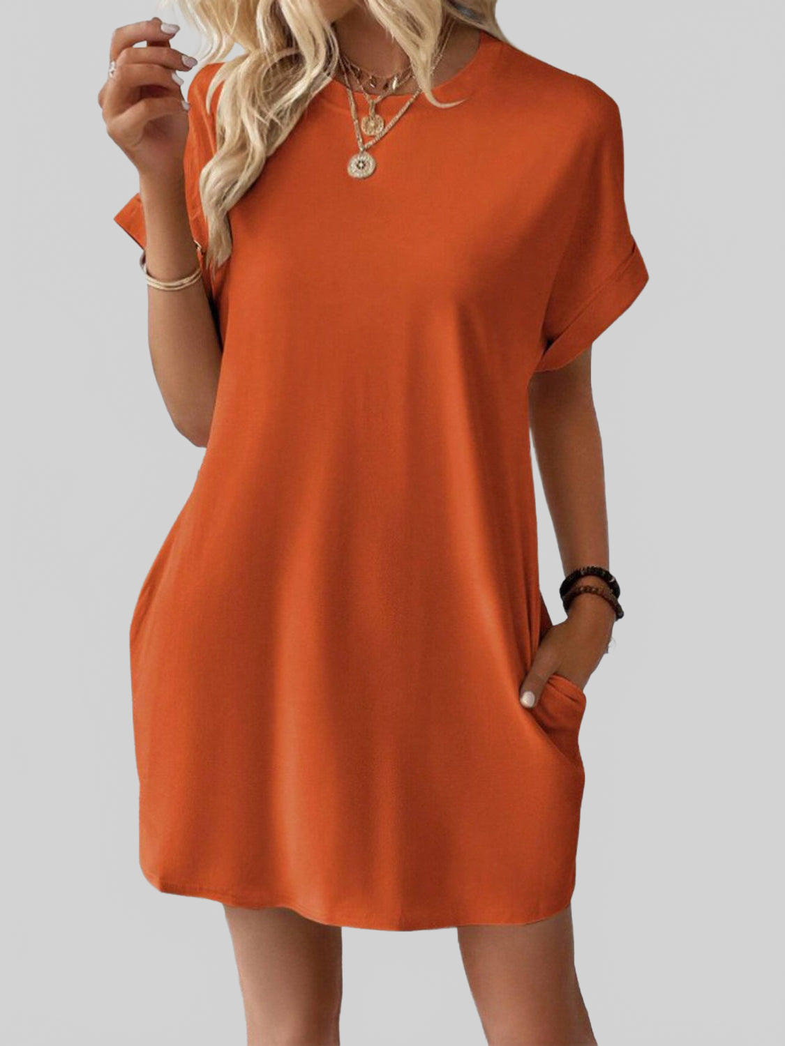 Women Pocketed Round Neck Short Sleeve Dress NicholesGifts